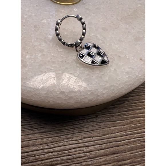 Silver Earrings/Black and White Checkered Heart - Picture 4 of 5